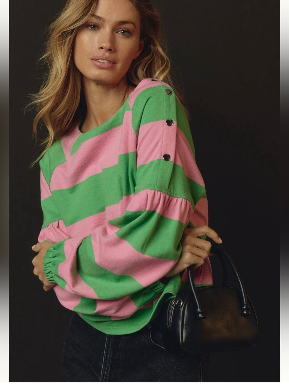 Maeve Pink & Green Striped Button-Shoulder Pullover Sweater